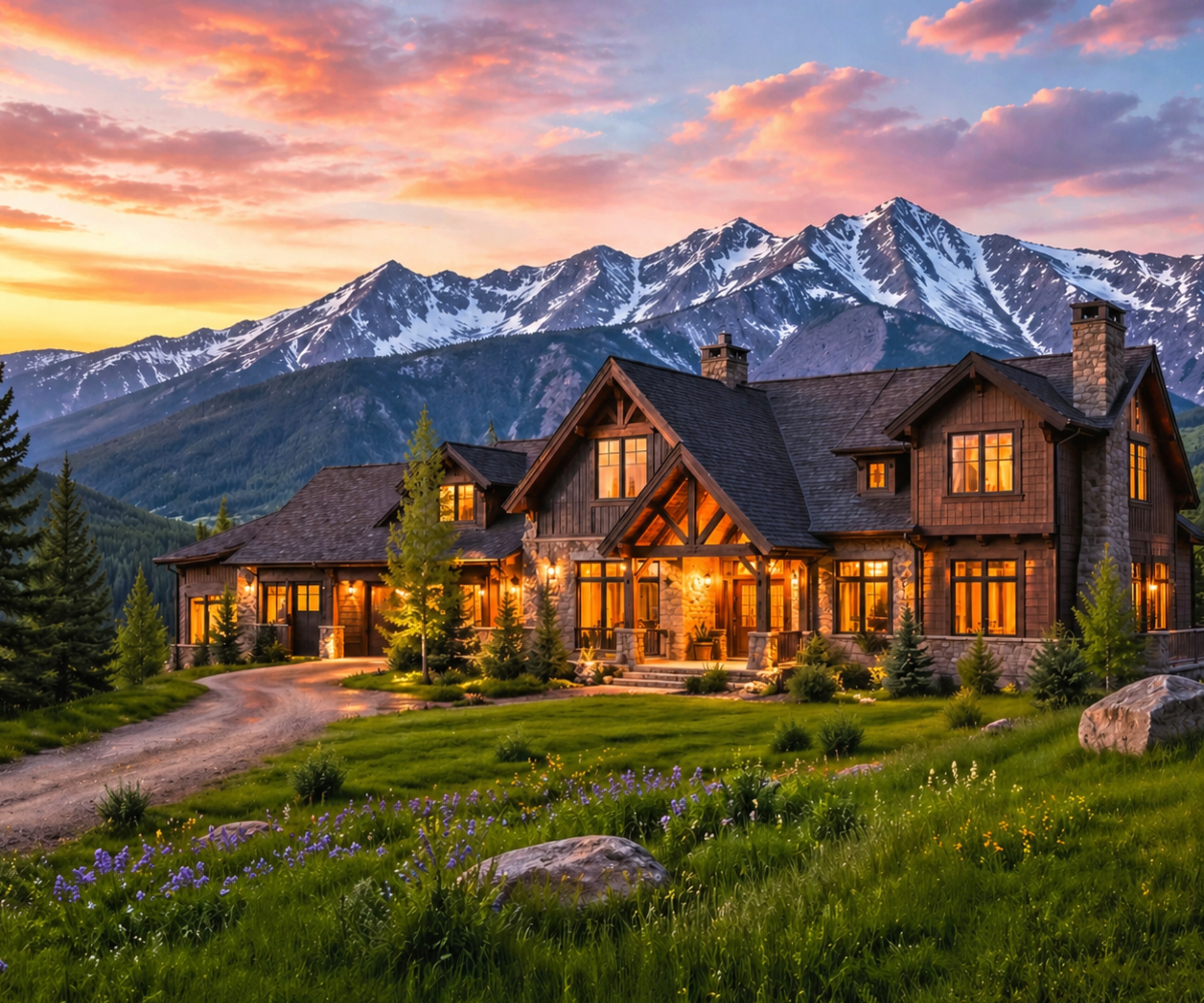 Luxury Colorado mountain home at sunset with snow-capped peaks