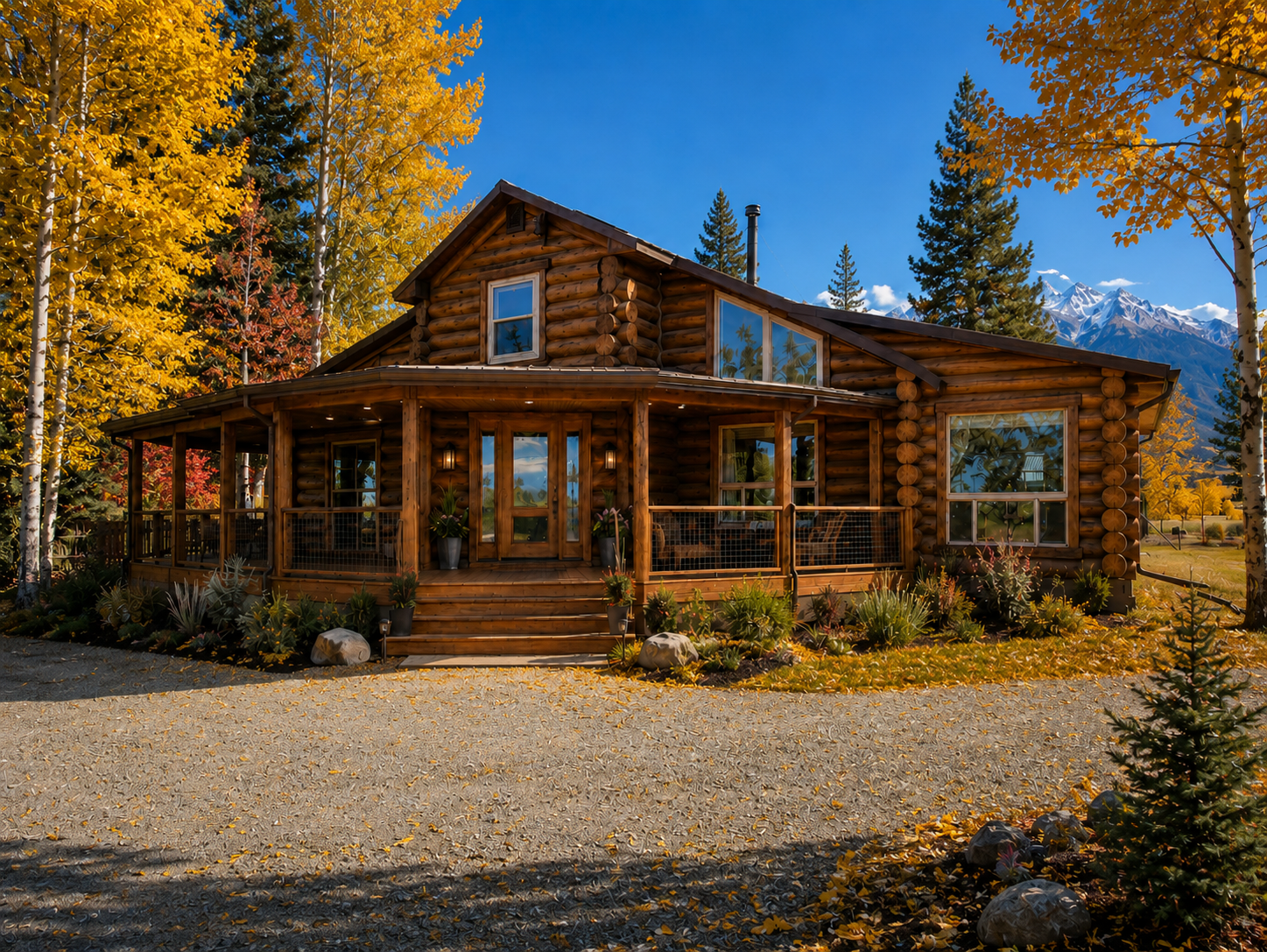 Luxury Colorado log cabin with autumn aspens and mountain views